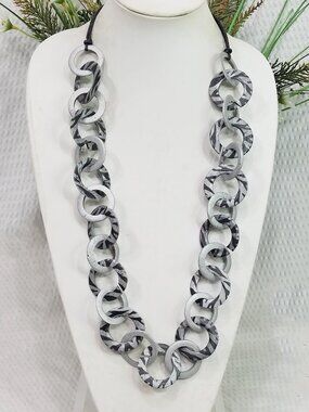 Boho Chunky Acrylic Gray Zebra Striped Link Necklace Lightweight Statement Chain